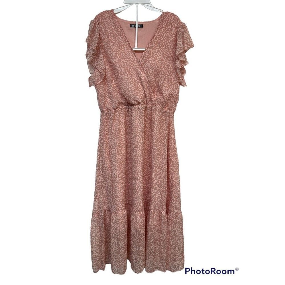 Women’s Pink and White Dotted Print Dress Flutter Sleeve Size L  NWOT (C4)